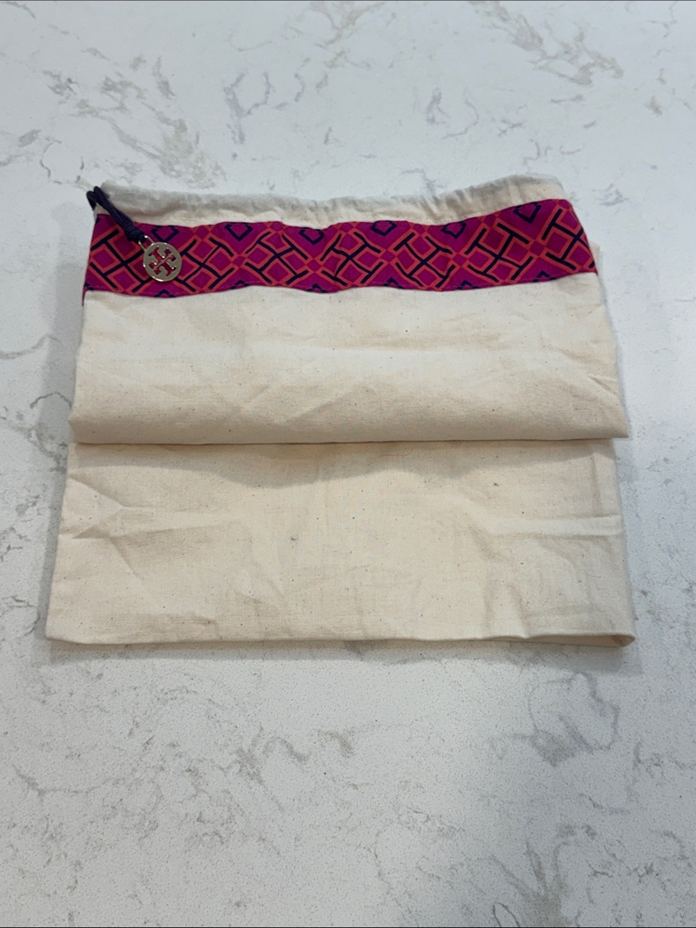Tory Burch Cream Canvas Dust Bag w/ Pink Geometric Trim & Gold Metal Logo Charm